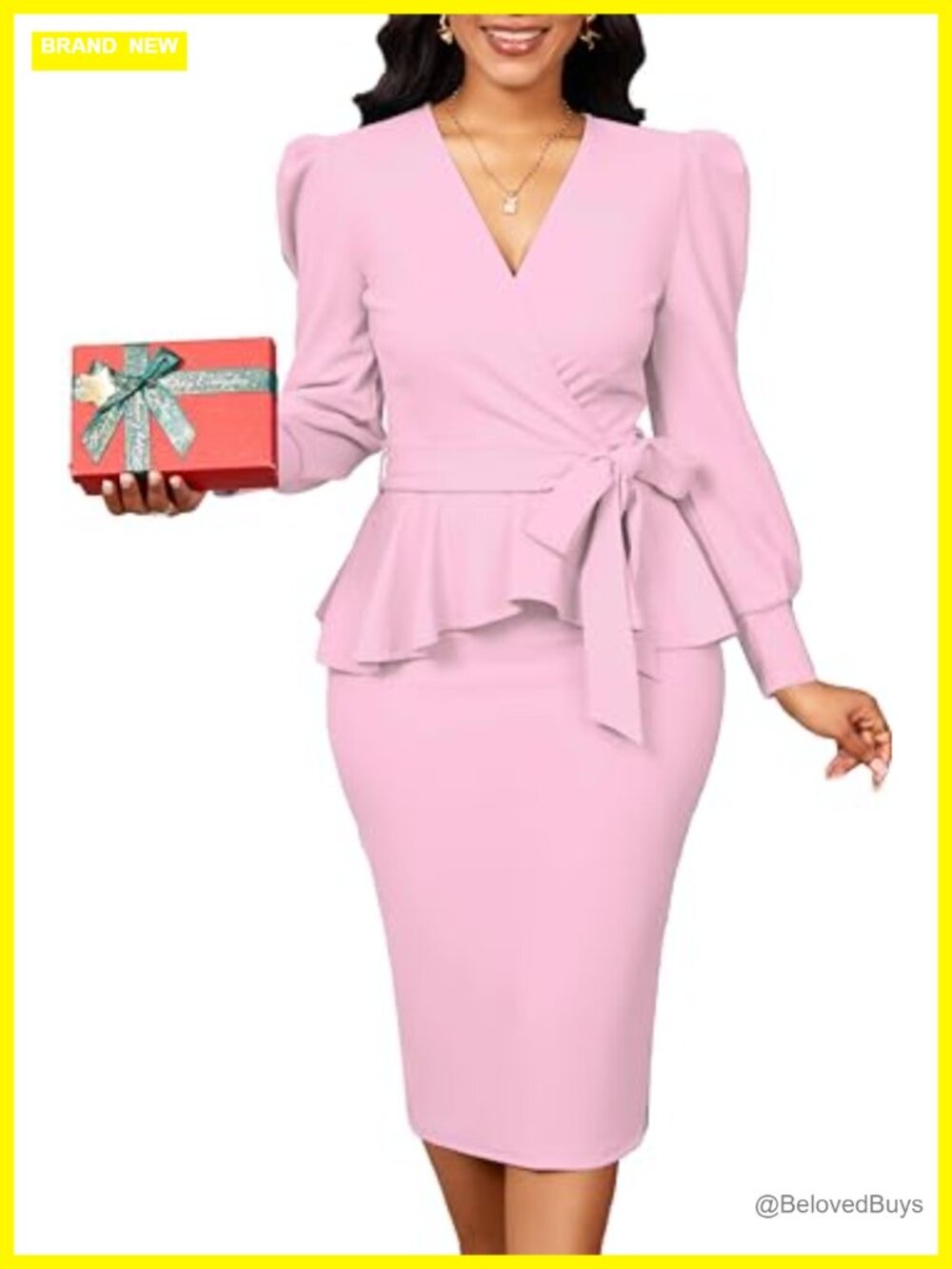 Long Sleeve Ruffled Pencil Dress with Belt Zipper Split - Picture 2 of 6